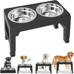 TBbeElevated Dog Feeder Dogs Bowls Adjustable Raised Stand with Double Stainless Steel Food Water Bowls for